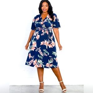 Navy Floral Print Faux Wrap Dress